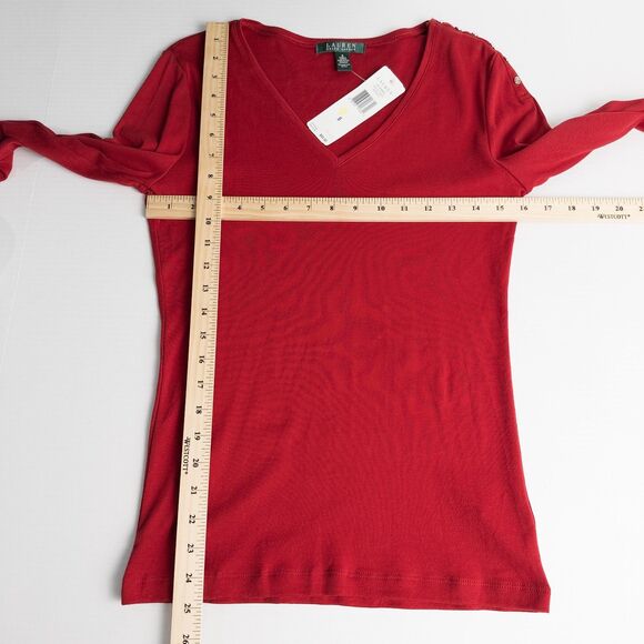 Lauren Ralph Lauren Cotton Long Sleeve Button Shoulder Tee Womens Small Red - Picture 3 of 11